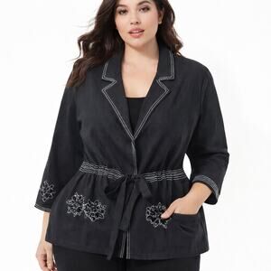 Vintage JM Collection Size 18W 100% Linen Blazer Jacket Black Rhinestone